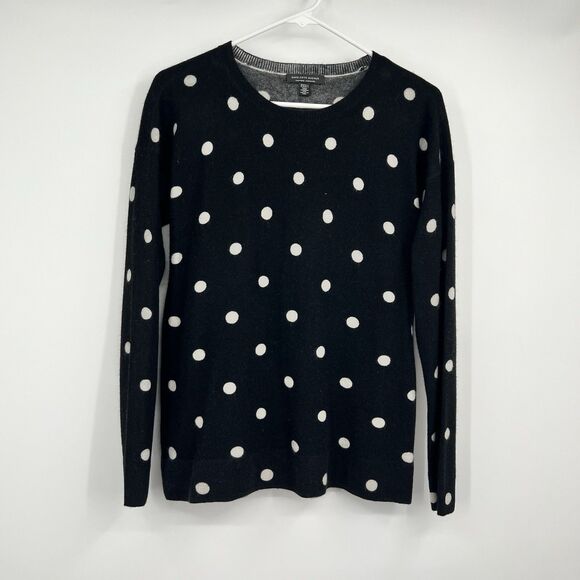 Womens Saks Fifth Avenue 100% Cashmere Sweater Black White Polka Dot Classy - Picture 1 of 7